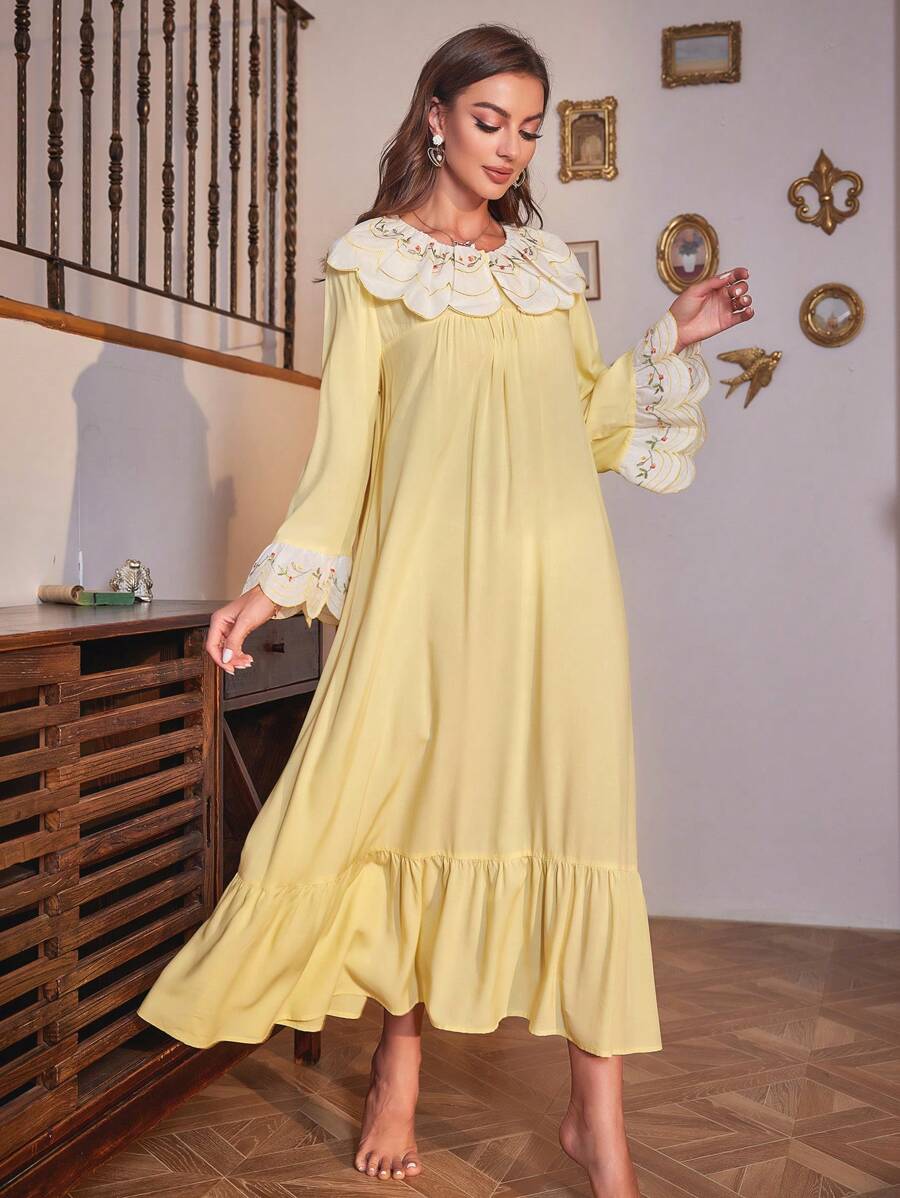 PalaceNights Floral Embroidery Ruffle Hem Long Sleep Nightdress Luxe Loungewear, Moo Moo Sleep Dress Cozy And Elegant Details, For Fall & Winter - Yellow - View 1