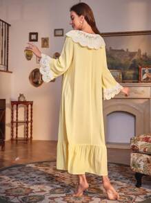 PalaceNights Floral Embroidery Ruffle Hem Long Sleep Nightdress Luxe Loungewear, Moo Moo Sleep Dress Cozy And Elegant Details, For Fall & Winter - Yellow - View 2