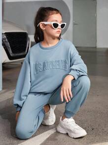 SHEIN 女大童字母圖案落肩袖套頭衫和運動褲 - 霧霾藍 - 查看 3