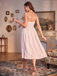 PalaceNights Floral Embroidery Cami Dress & Flare Sleeve Robe PJ Set / Pajama Set Holiday Season, Fall Winter Clothes - Pink - View 6