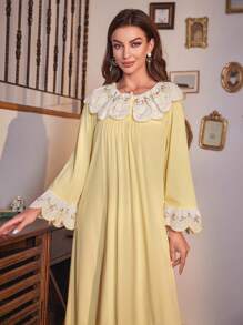 PalaceNights Floral Embroidery Ruffle Hem Long Sleep Nightdress Luxe Loungewear, Moo Moo Sleep Dress Cozy And Elegant Details, For Fall & Winter - Yellow - View 6