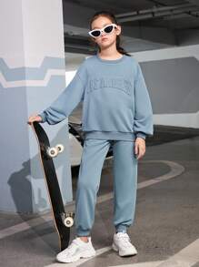 SHEIN 女大童字母圖案落肩袖套頭衫和運動褲 - 霧霾藍 - 查看 5