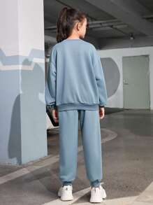 SHEIN 女大童字母圖案落肩袖套頭衫和運動褲 - 霧霾藍 - 查看 6
