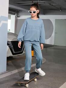 SHEIN 女大童字母圖案落肩袖套頭衫和運動褲 - 霧霾藍 - 查看 1