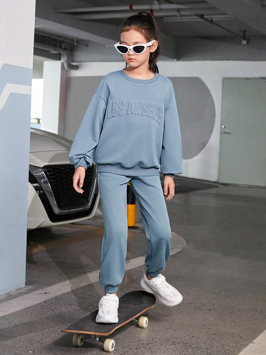 SHEIN 女大童字母圖案落肩袖套頭衫和運動褲 - 霧霾藍 - 查看 1
