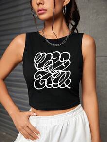 Sasha Lend Top tank crop con estampado de dibujo - Negro - Ver 1