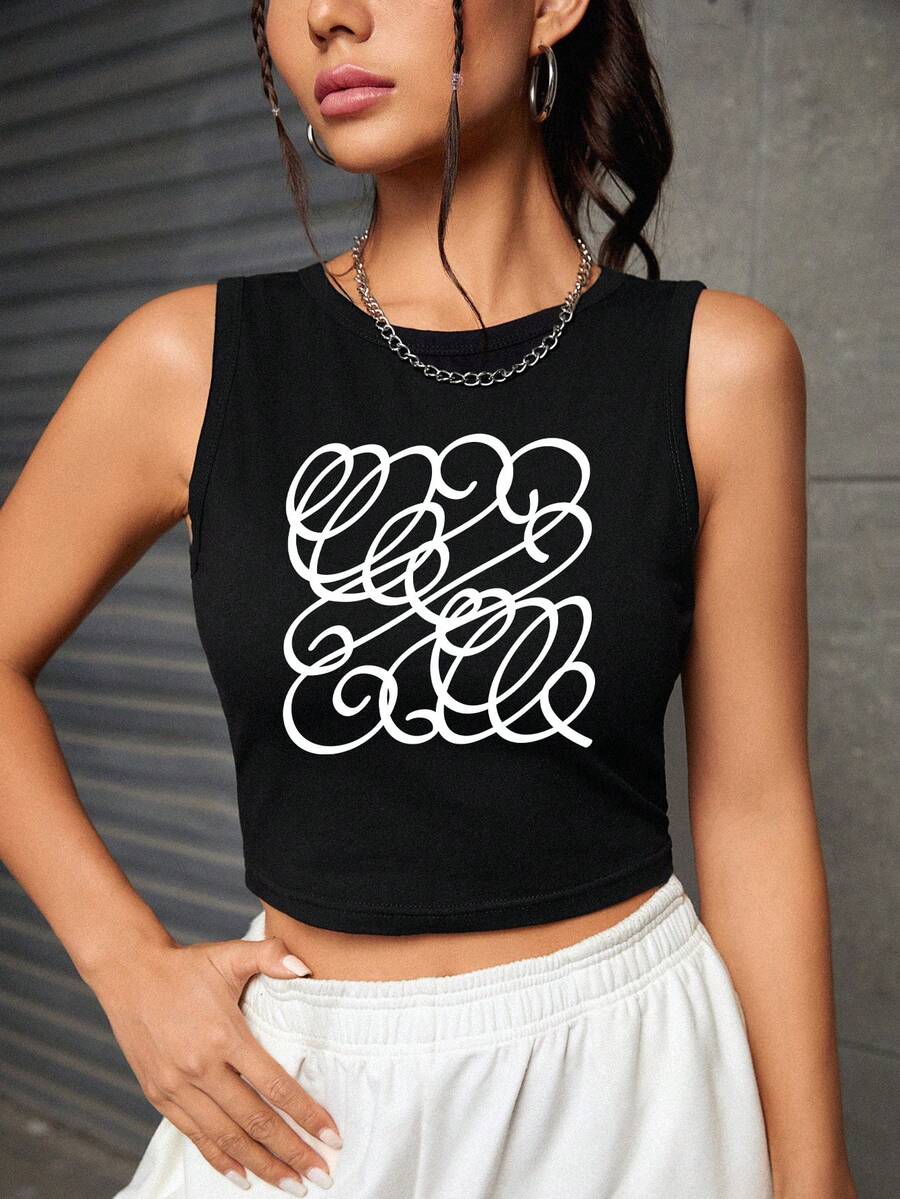Sasha Lend Top tank crop con estampado de dibujo - Negro - Ver 1