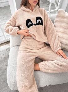 Cartoon Embroidery Drop Shoulder Hoodie & Pants PJ Set / Pajama Set, Fall Winter Clothes - Apricot - View 1