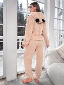 Cartoon Embroidery Drop Shoulder Hoodie & Pants PJ Set / Pajama Set, Fall Winter Clothes - Apricot - View 2