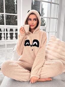 Cartoon Embroidery Drop Shoulder Hoodie & Pants PJ Set / Pajama Set, Fall Winter Clothes - Apricot - View 3