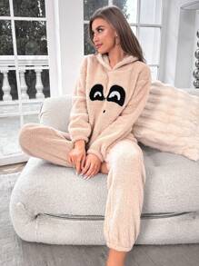 Cartoon Embroidery Drop Shoulder Hoodie & Pants PJ Set / Pajama Set, Fall Winter Clothes - Apricot - View 4