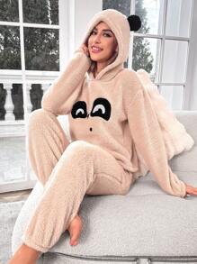 Cartoon Embroidery Drop Shoulder Hoodie & Pants PJ Set / Pajama Set, Fall Winter Clothes - Apricot - View 6