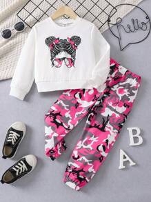 SHEIN 女小童人像圖案運動衫&迷彩印花衛褲 - 彩色 - 查看 1