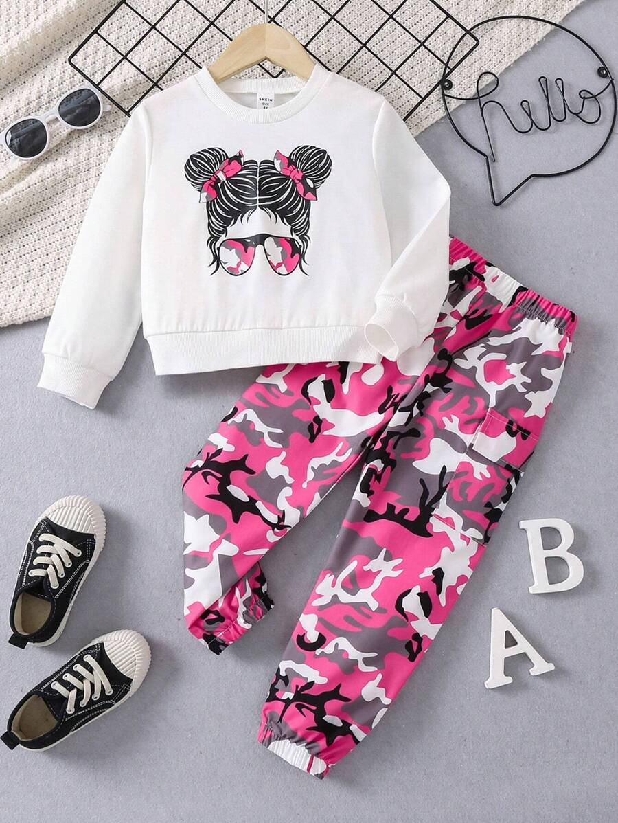 SHEIN 女小童人像圖案運動衫&迷彩印花衛褲 - 彩色 - 查看 1