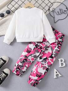 SHEIN 女小童人像圖案運動衫&迷彩印花衛褲 - 彩色 - 查看 2