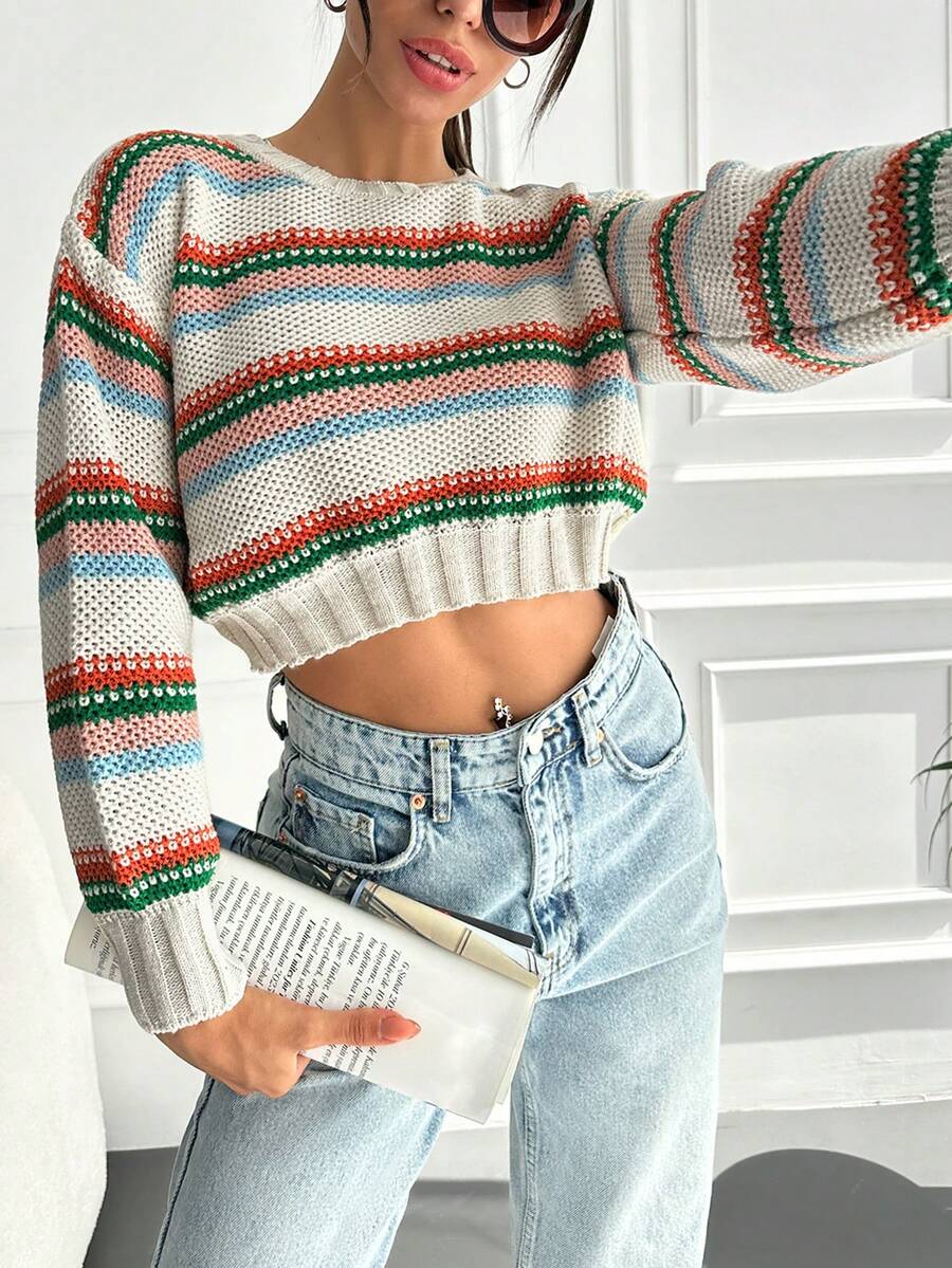 EURMUSE Striped Pattern Drop Shoulder Crop Sweater - Nhiều màu - Xem 1