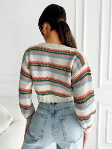 EURMUSE Striped Pattern Drop Shoulder Crop Sweater - Nhiều màu - Xem 2