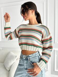 EURMUSE Striped Pattern Drop Shoulder Crop Sweater - Nhiều màu - Xem 5