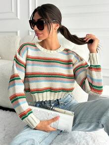 EURMUSE Striped Pattern Drop Shoulder Crop Sweater - Nhiều màu - Xem 6