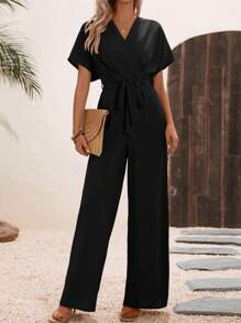 SHEIN LUNE Solid Belted Wide Leg Wrap Detail Jumpsuit