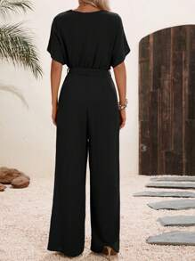 SHEIN LUNE Solid Belted Wide Leg Wrap Detail Jumpsuit
