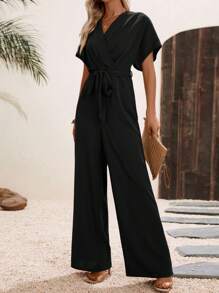 SHEIN LUNE Solid Belted Wide Leg Wrap Detail Jumpsuit