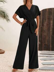 SHEIN LUNE Solid Belted Wide Leg Wrap Detail Jumpsuit