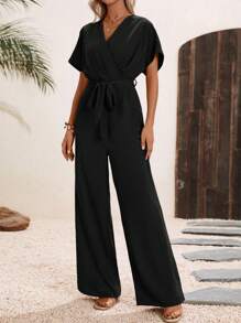 SHEIN LUNE Solid Belted Wide Leg Wrap Detail Jumpsuit