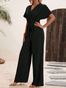SHEIN LUNE Solid Belted Wide Leg Wrap Detail Jumpsuit