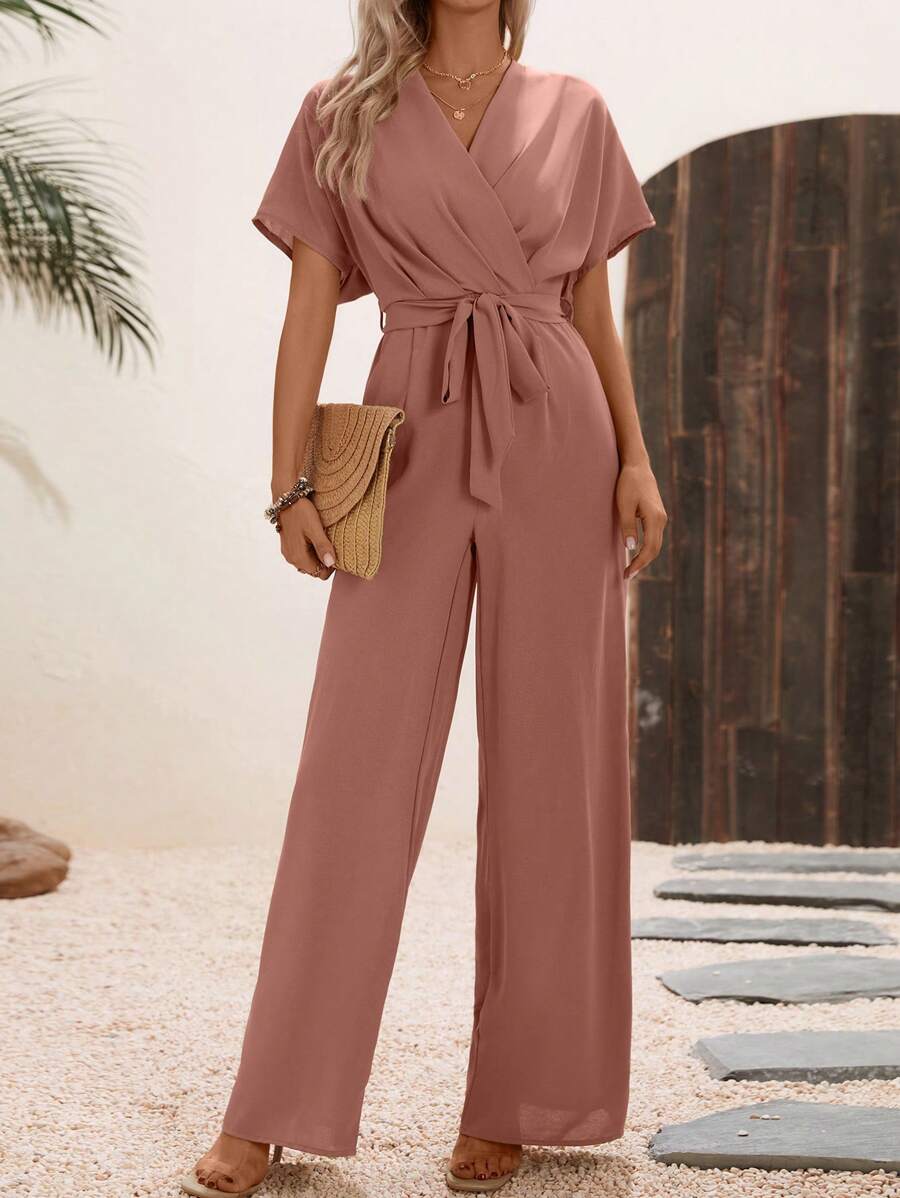 SHEIN LUNE Solid Surplice Neck Belted Jumpsuit - Dusty Pink - View 1