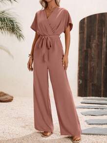 SHEIN LUNE Solid Surplice Neck Belted Jumpsuit - Dusty Pink - View 5