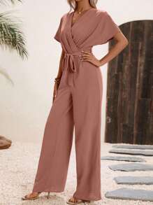 SHEIN LUNE Solid Surplice Neck Belted Jumpsuit - Dusty Pink - View 6