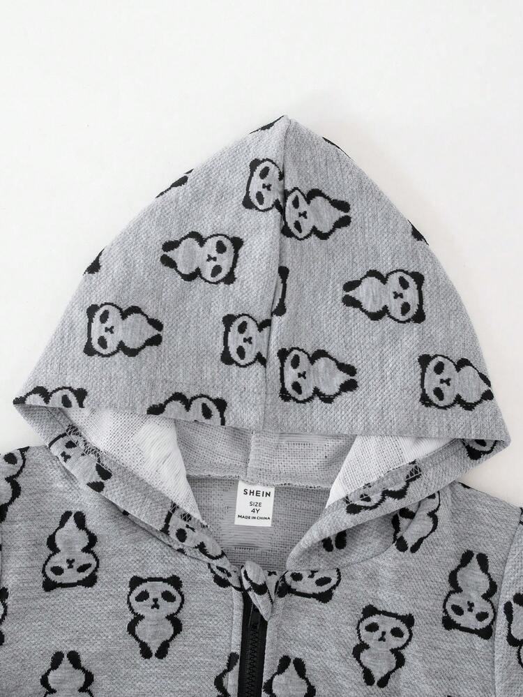SHEIN 1入組小男孩熊貓印花拉鍊夾克，中厚休閒外套 - 灰色 - 查看 5