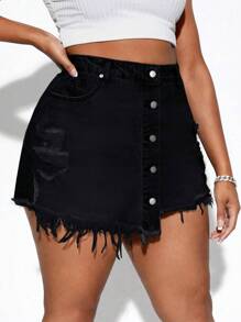 SHEIN SXY 大碼破洞毛邊緣不對稱下擺牛仔裙褲 - 黑色 - 查看 5