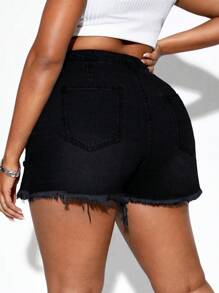 SHEIN SXY 大碼破洞毛邊緣不對稱下擺牛仔裙褲 - 黑色 - 查看 2