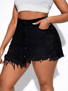 SHEIN SXY 大碼破洞毛邊緣不對稱下擺牛仔裙褲 - 黑色 - 查看 3