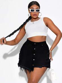 SHEIN SXY 大碼破洞毛邊緣不對稱下擺牛仔裙褲 - 黑色 - 查看 4