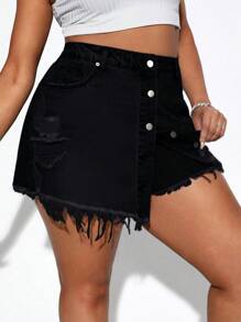 SHEIN SXY 大碼破洞毛邊緣不對稱下擺牛仔裙褲 - 黑色 - 查看 6