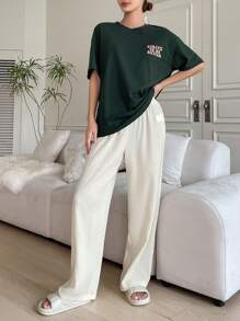 DAZY 标语图案落肩休闲套装睡衣 - 綠色 - 查看 3