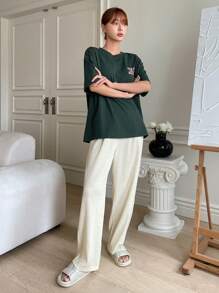 DAZY 标语图案落肩休闲套装睡衣 - 綠色 - 查看 4