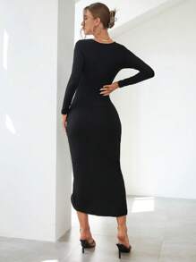SHEIN Privé Solid Ruched Split Thigh Asymmetrical Neck Bodycon Dress