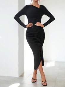 SHEIN Privé Solid Ruched Split Thigh Asymmetrical Neck Bodycon Dress