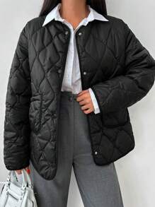 Dual Pocket Snap Button Front Quilted Coat - Black - View 1