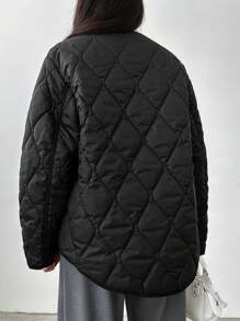 Dual Pocket Snap Button Front Quilted Coat - Black - View 2