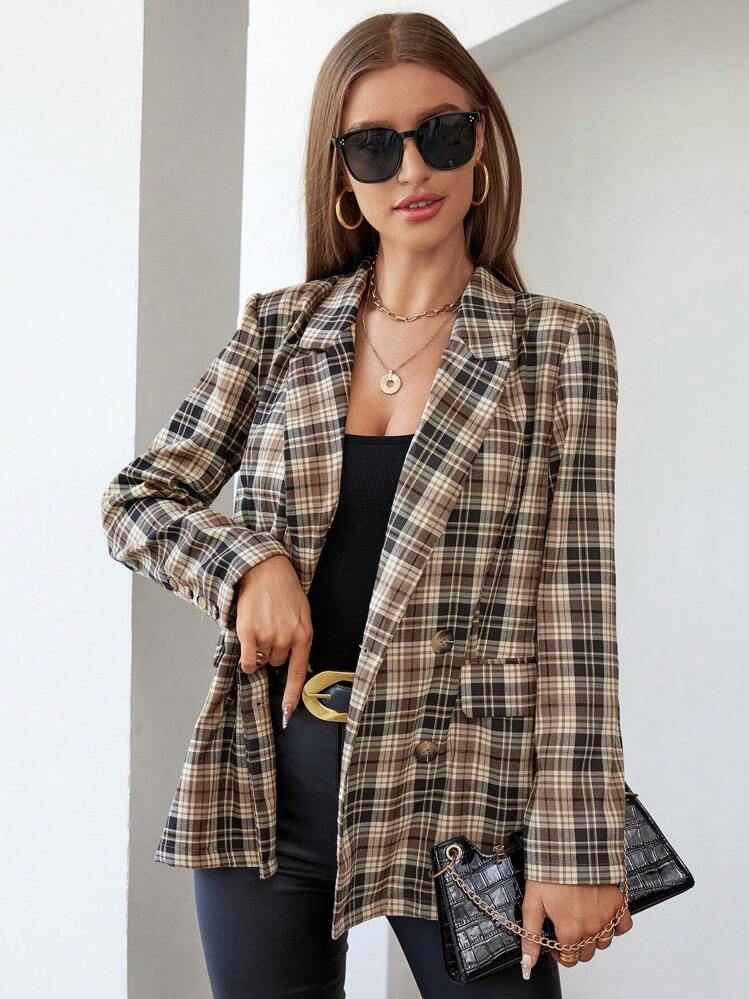 SHEIN Essnce Blazer con estampado de cuadros de cuello con solapa - Multicolor - Ver 4
