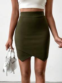EURMUSE Solid Asymmetrical Hem Bodycon Skirt - Army Green - View 1
