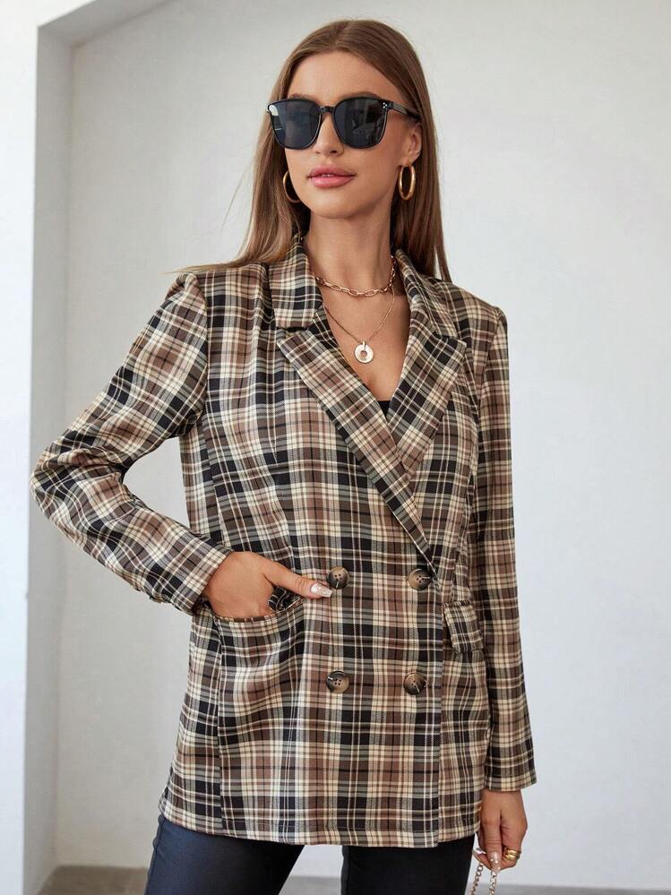 SHEIN Essnce Blazer con estampado de cuadros de cuello con solapa - Multicolor - Ver 5