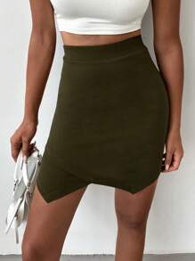 EURMUSE Solid Asymmetrical Hem Bodycon Skirt - Army Green - View 3