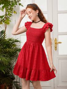 SHEIN Leap Crew Solid Color Short Flutter Sleeve Shirred Dress, Suitable For Summer Teen Girls