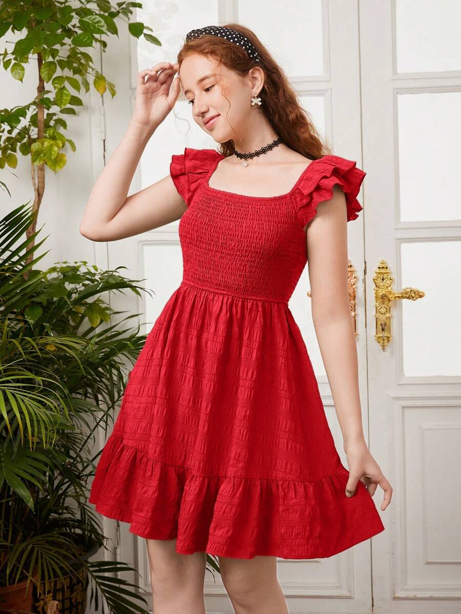 SHEIN Leap Crew Solid Color Short Flutter Sleeve Shirred Dress, Suitable For Summer Teen Girls